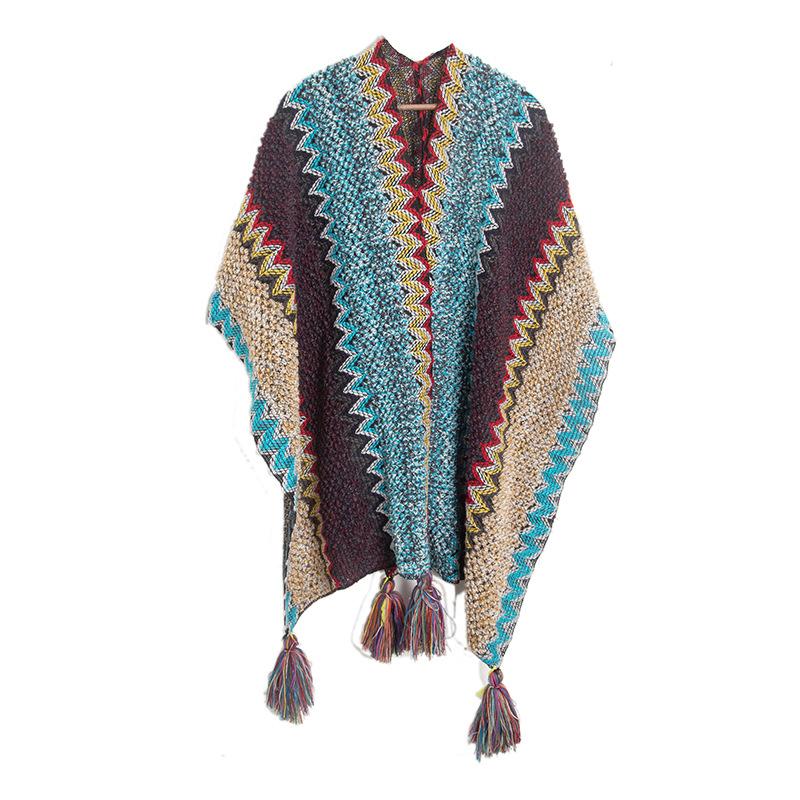 Women's Fashion Spring Autumn Winter Pashmina Ethnic Style Tassel Cape Colorful Knitted Split Shawl
