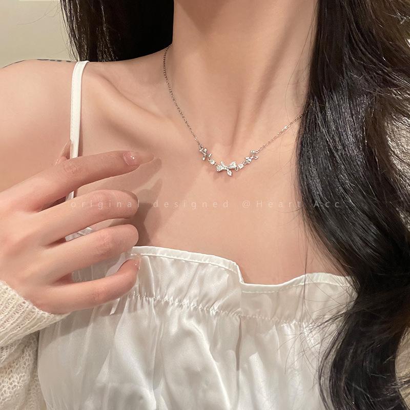 Japanese Korean Summer Bow Zircon Necklace For Women Sophisticated Elegant Super Fairy Niche Light Luxury Versatile Collarbone Chain Jewelry