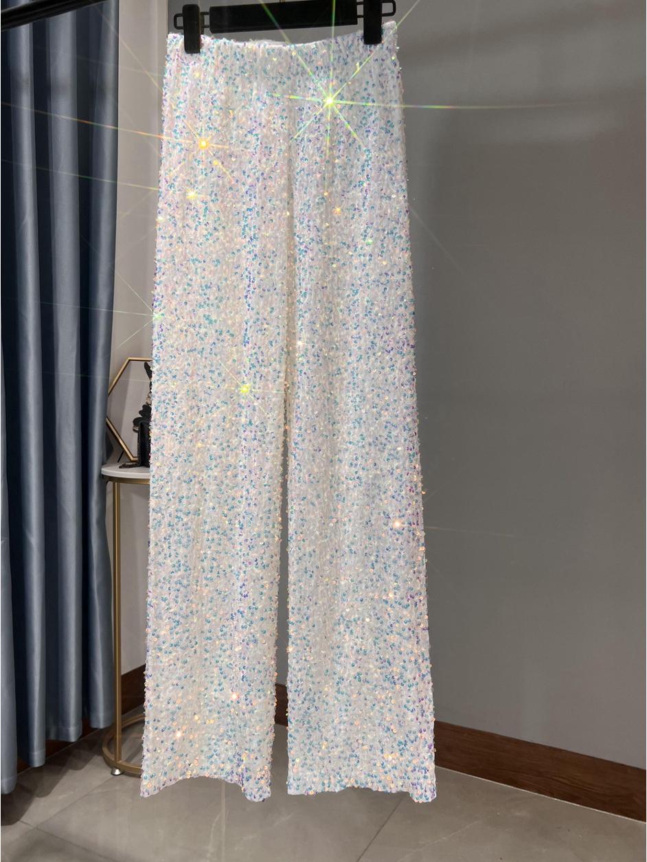

Женские брюки палаццо из корейского бархата с пайетками: Приталенный крой, в пол, блестящая драпировка, повседневная одежда для осени и зимы Small