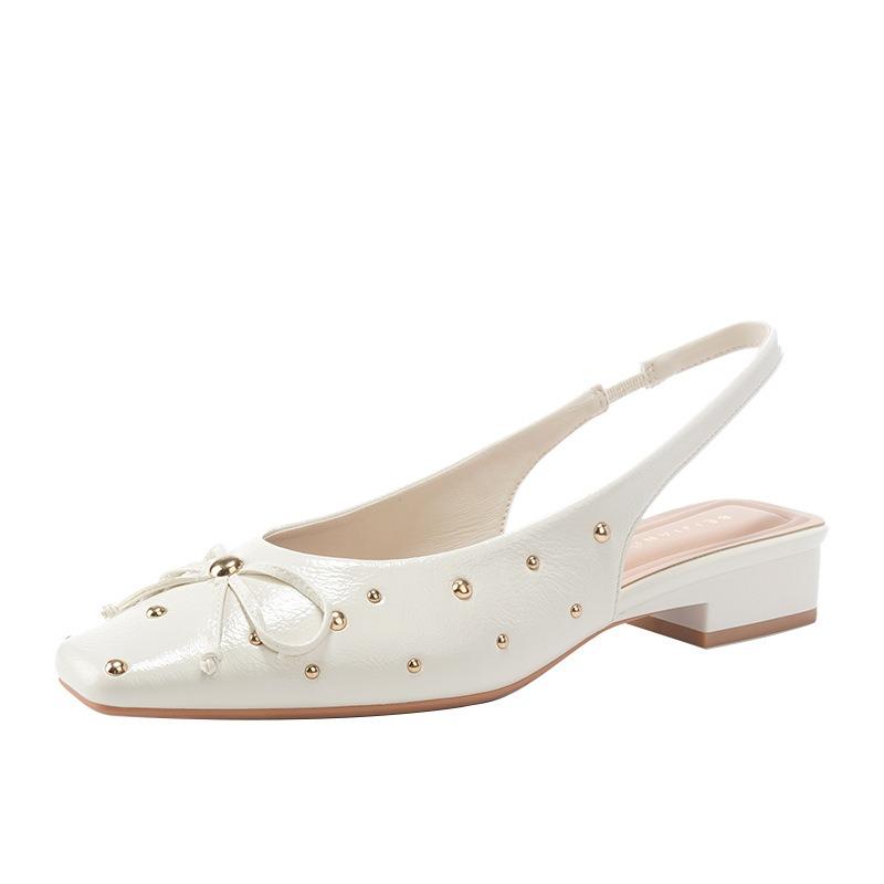 Bow back empty strap thick heel sandals women's outer wear polka dot rivets square head Mary Jane single shoes summer
