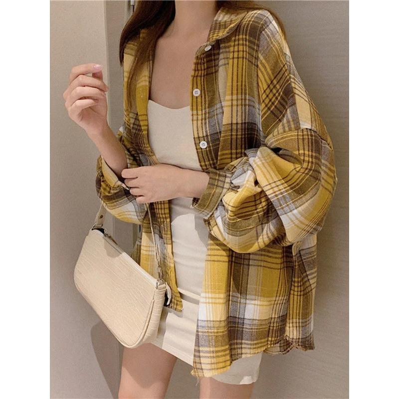 Plaid Shirt Women Autumn Long Sleeve Top Female Vintage Fashion Single Breasted Blouse Ladies Preppy Style Loose Check Shirts