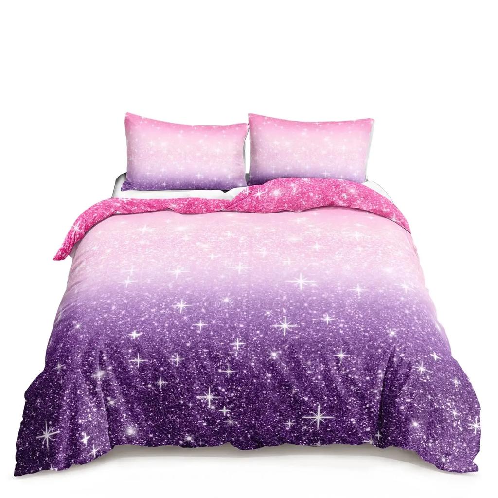 Kawaii Moon Starry Night Sky Duvet Cover Set Blue Pink Purple Star Galaxy Bedding Sets Full Size for Boys Girls Comforter Cover