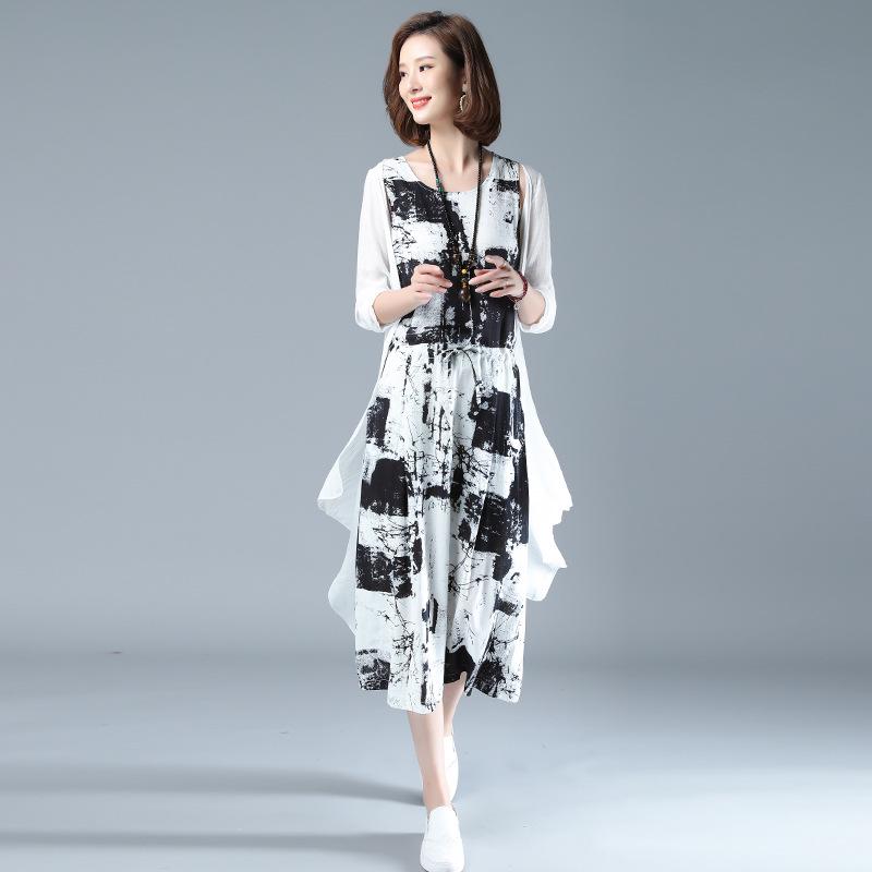 Damen 2025 Sommer Baumwoll-Leinen Tusche-Print Schal Zweiteiler Kleid-Set