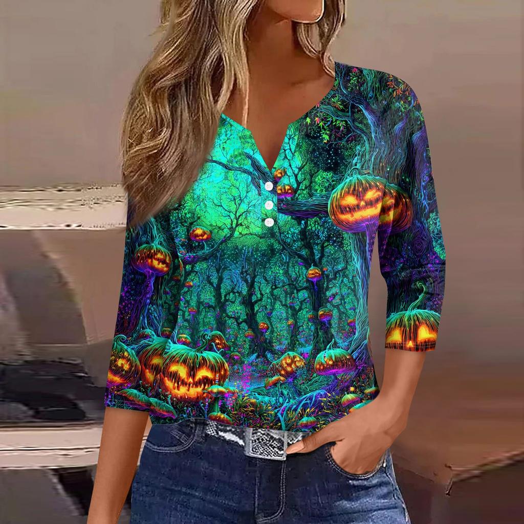 Damen V-Ausschnitt Knopf Halloween Dreiviertelarm T-Shirt Top