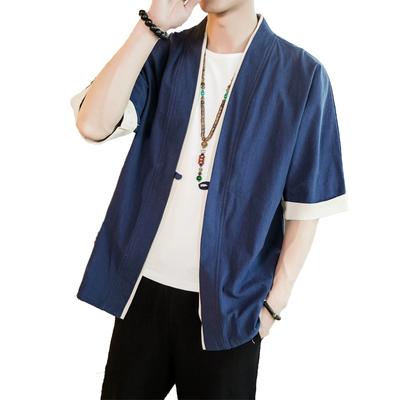 Sommer Herren Kimono Jacken Cardigan Leichte Casual Baumwollmischungen Leinen Sieben Ärmel Offene Vorderseite Hanfu Mantel