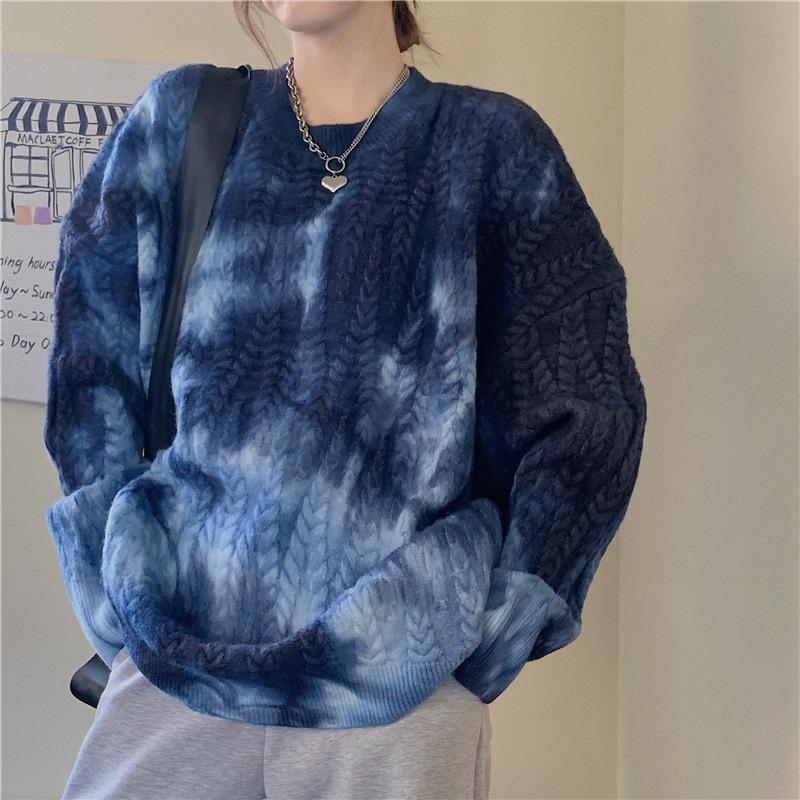 Women's Loose Outer Wear Autumn and Winter Thickened Knitted Jacket Autumn Girlfriend Couple Wear Retro Tie-dye Top