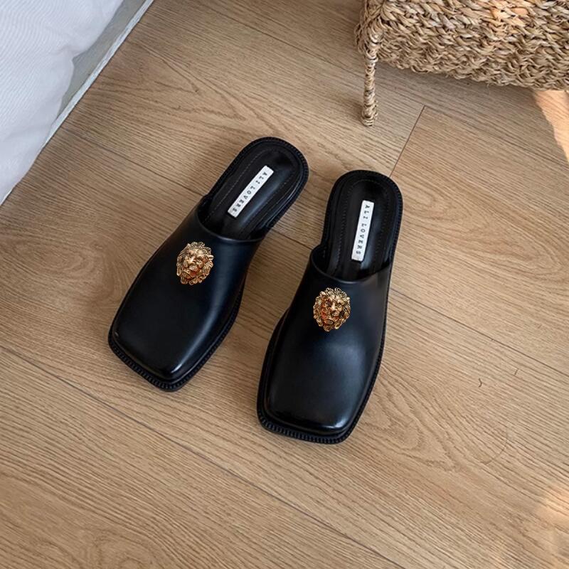 

Баотоу полутапочки женские новые французские винтажные маленькие кожаные туфли квадратный носок одинарная обувь плоская мягкая подошва мюли 37 40 чёрный