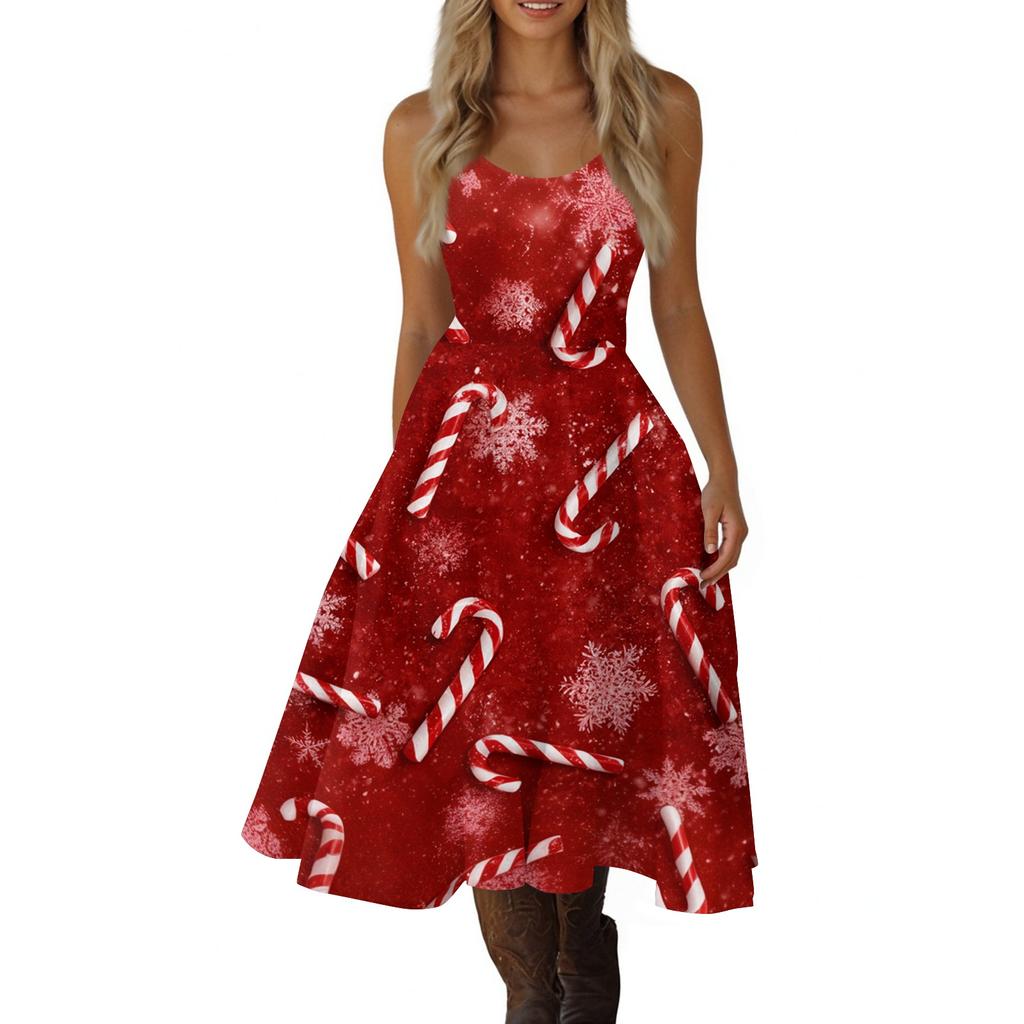 Vestito Vintage da Donna con Stampa Natalizia a Spalle Scoperte per Feste e Club