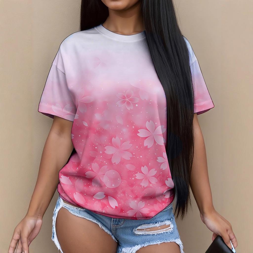 Summer New Women's Casual T-shirt Floral Print Fashion 3D Short Sleeved Round Neck Comfortable Plus Size T-shirt