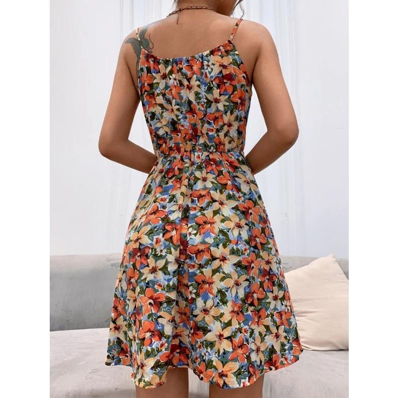VEZFAA Dámská móda Léto Jaro Květinový potisk Podvazky bez rukávů Ležérní šaty s vysokým pasem
