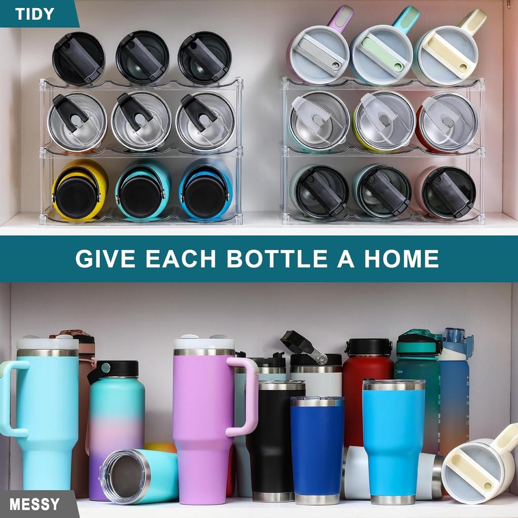 3 Tier Stackable Water Bottle Organizer Holder Clear Cup Tumbler Rack for Cabinet Countertop Fridge Pantry Holds 9