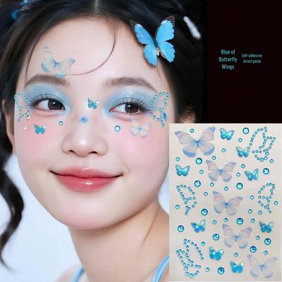 3D Blue Butterfly Rhinestone Face Stickers for Concert Makeup – Decorative Support Stickers