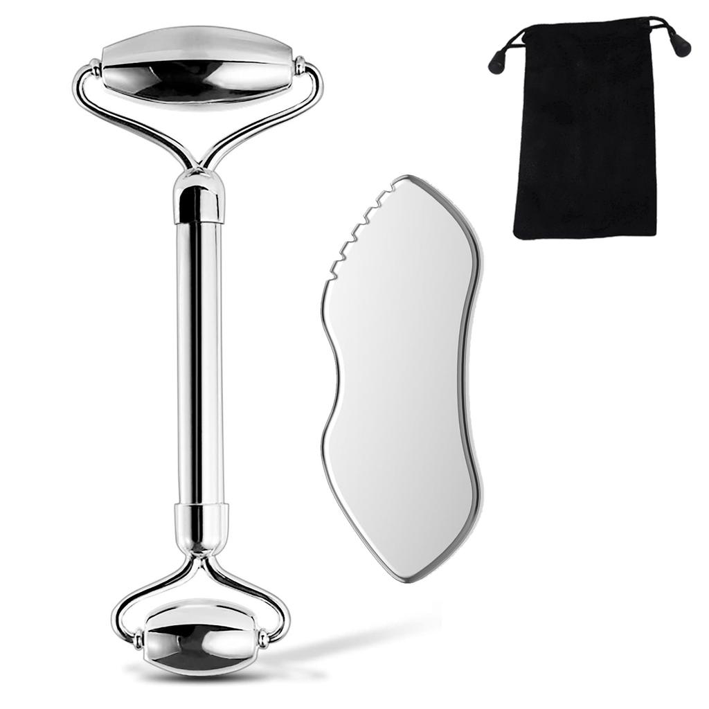 1/2/3-teiliges Edelstahl-Gesichtsroller- und Gua Sha-Massagegerät-Set, Metall-Schönheitswerkzeuge für Körper, Gesicht, Hals und Augen