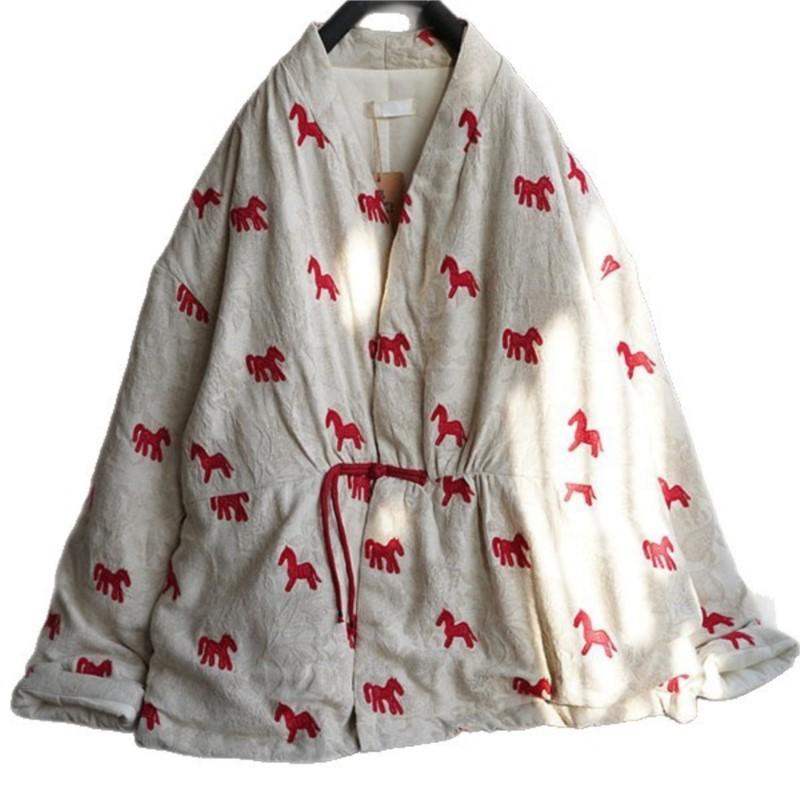 Johnature Women Vintage Jacquard Coats Spring Chinese Style Print Horse V-Neck Long Sleeve Coats