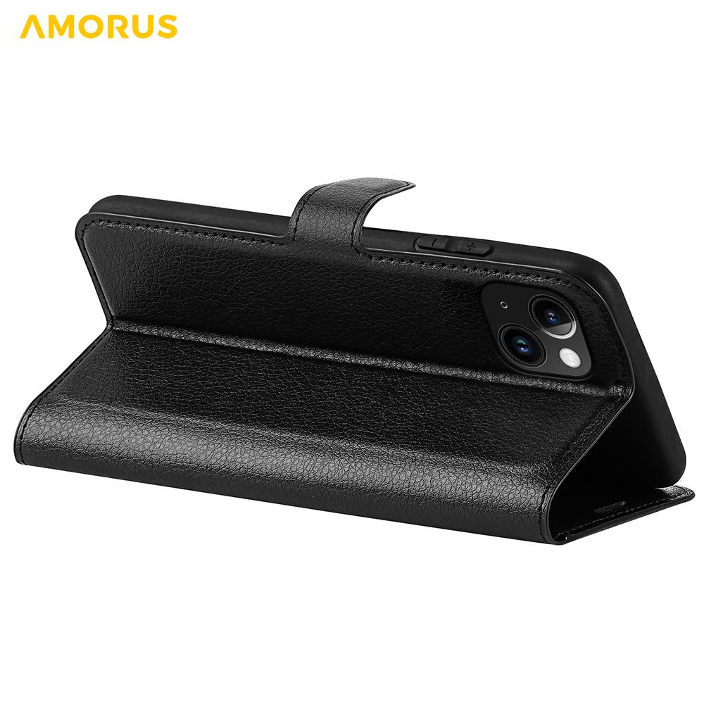 For iPhone 15 Plus Wallet Case Litchi Texture Shockproof Leather Flip Stand Phone Cover