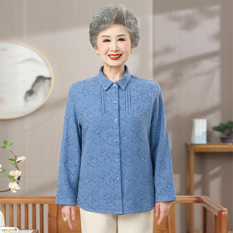 

Elderly Women s Cotton Jacquard Long Sleeve Shirt Button-Down Collared Blouse Soft and Breathable Fabric Comfortable Loose-Fit Top 5XL