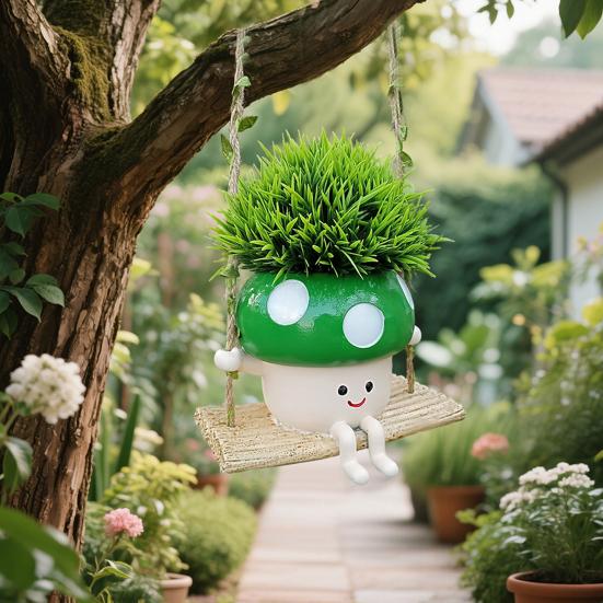 Swing Mushroom Hanging Planter Cartoon Mushroom Flower Pot Resin Succulents Planter