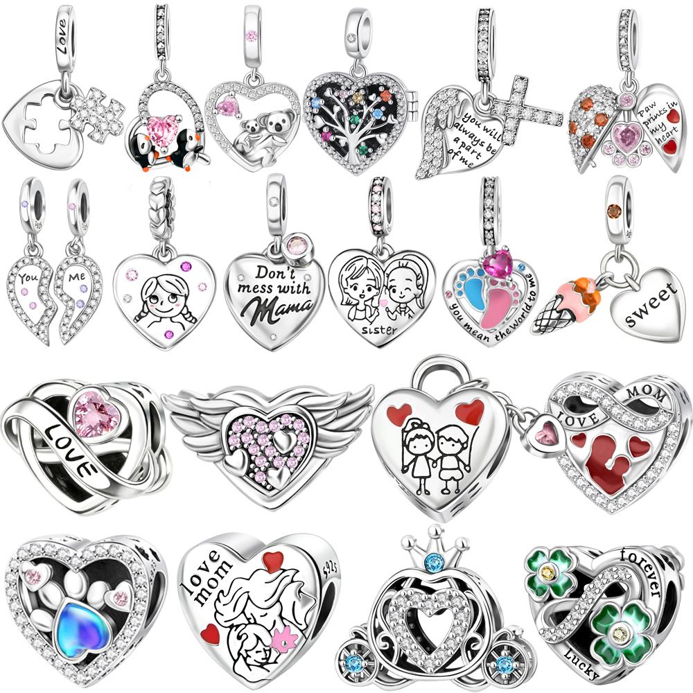 New Charms Copper Sparkling Mum Mother Family Love Heart Beads Fit Original Bracelet Necklace Diy Jewelry