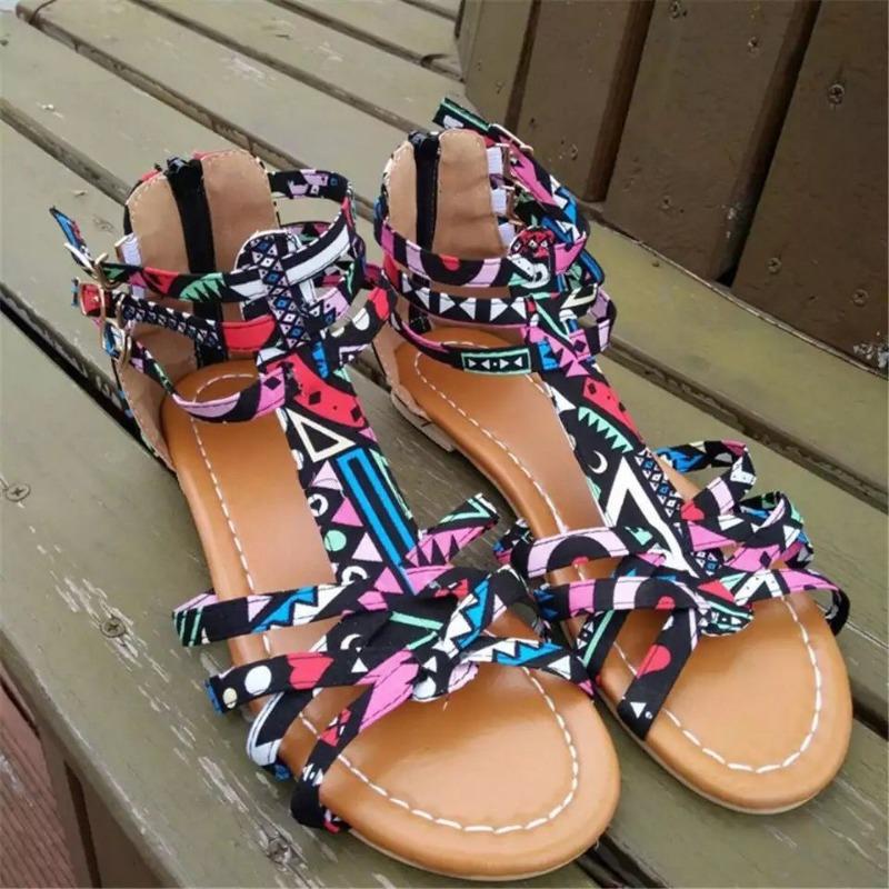 Summer New Floral Flat Sandals Women's Buckle Beach Sandals Hollow Open-toed Women's Shoes