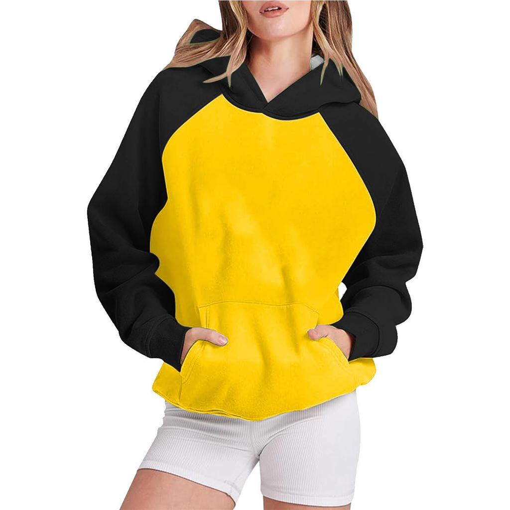 Womens Sleeve Hoodies Pullover Color Block Oversized Sweatshirt Loose Casual Lightweight Cute With Pocket