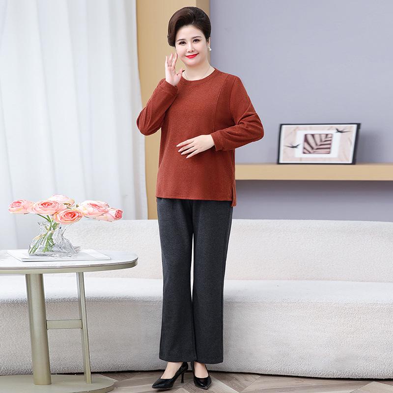 Fat Mama Wear Plus Velvet Long Sleeve T-Shirt Set for Middle-Aged and Elderly Women - Autumn/Winter Plus Size Base Layer