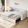 Čalouněná postel rozkládací pohovka, 90/180*190 cm, chytrý stereo systém Bluetooth, USB nabíjecí port, úložné prostory, lamelový rošt, sametová látka, béžová
