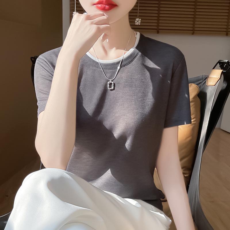 Summer Colorblock Round Neck Knitted Short Sleeve Women's Casual Top