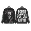 Unisex Vintage Skull Print Washed Cotton Long Sleeve Hoodie Streetwear Loose Fit