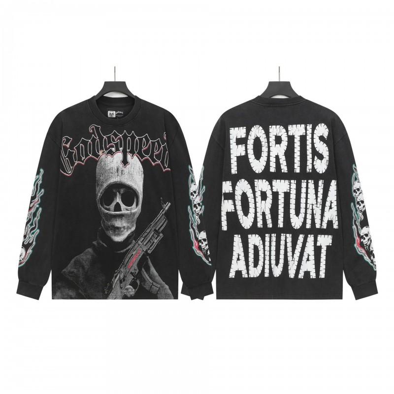 Unisex Vintage Skull Print Washed Cotton Long Sleeve Hoodie Streetwear Loose Fit