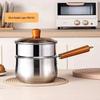Beech Wood Handle Cookware Set: 5PC Stainless Steel Pot Set with Milk Pot, Double-Ear Soup Steamer, and Gift-Ready Packaging.