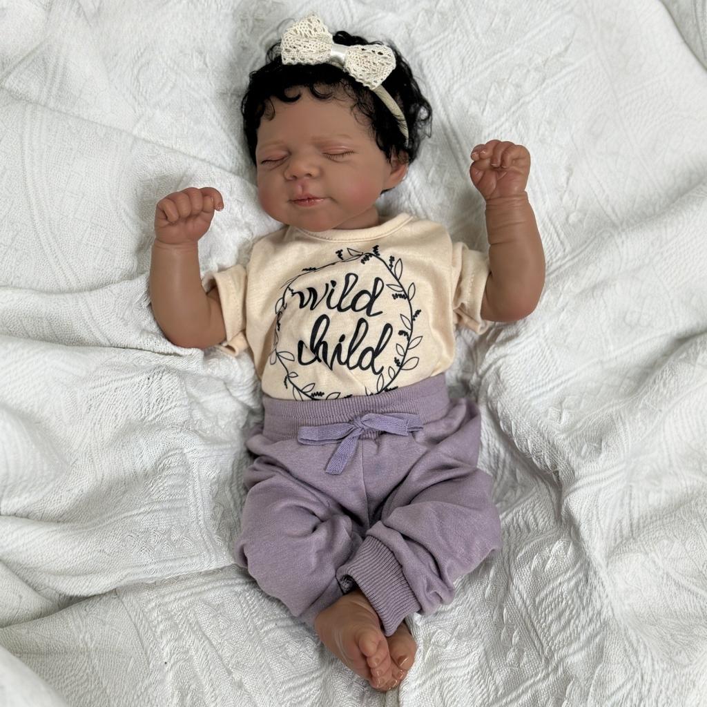 BZDOLL 45cm/18inch Reborn Baby Cloth Body Doll Sleeping Bedtime Toy with Black Skin, Soft Vinyl Limb Newborn Bebe Art Toys Gift for Kids