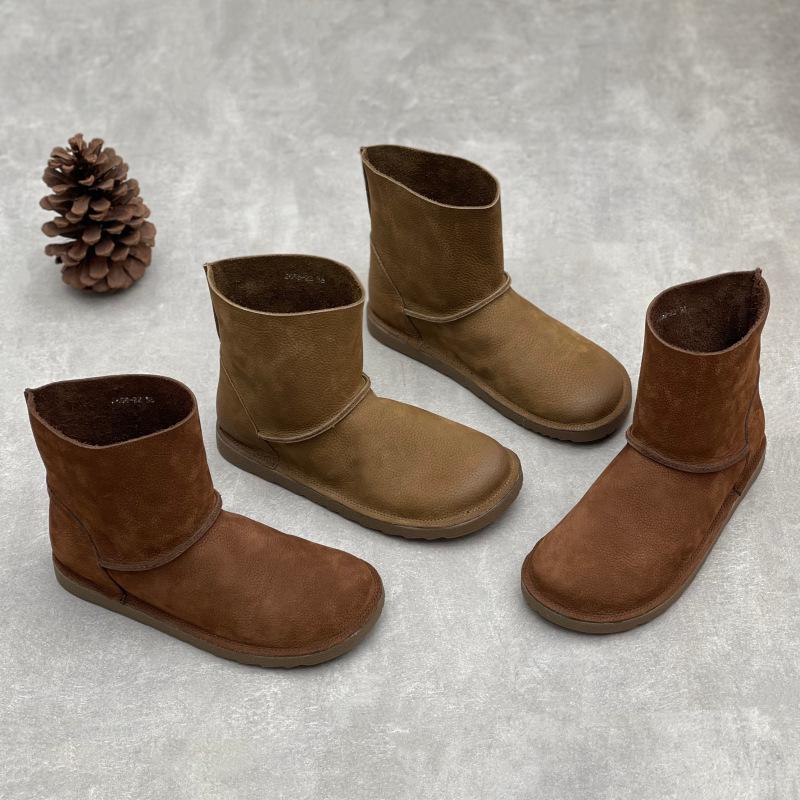 Johnature Retro Handgefertigte Echtleder Stiefel Runde Zehenpartie und Flachsohlige Mid-Calf Stiefel