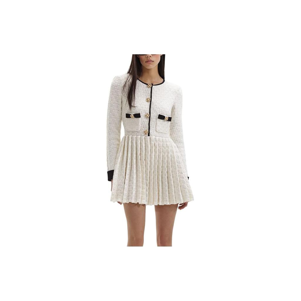 Self-Portrait Checkered Knit Button U-Neck Wool Long Sleeve Dress Women dress Ivory SWF351M08900