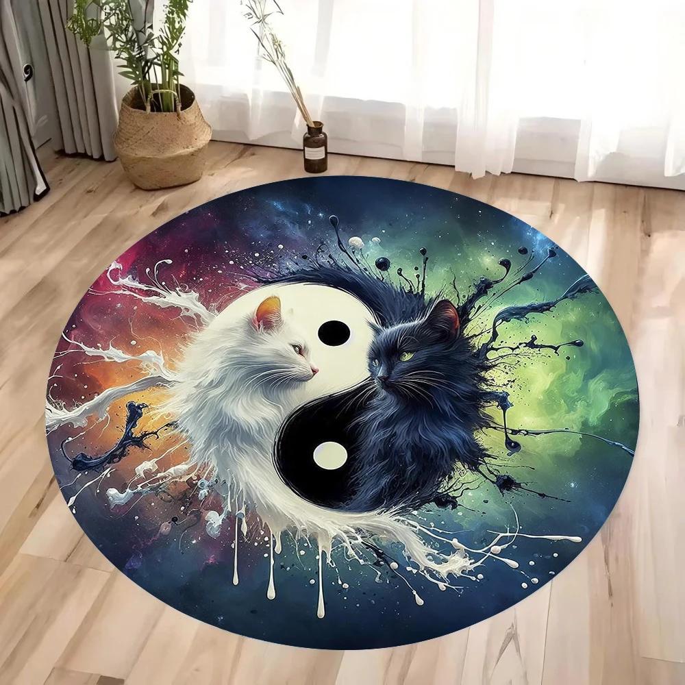 Black and White Cat Round Rug Anti-Slip Washable Carpet for Living Room Bedroom Kitchen Decor and Gift Tool Room Area Floor Mat