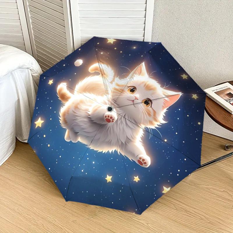 1pc Starry Night Kitten Umbrella with Plastic Handle,Suitable for All Seasons Home Travel Outdoor UmbrellaDD445