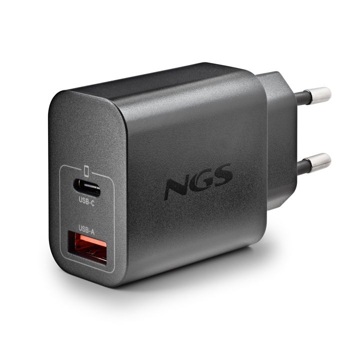 NGS ERA 30W BLACK:GaN Chargeur Mural Universel 30W Avec 2 Ports : USB-C + USB-A. Chargement Rapide Et Sûr. Grande Compatibilité. Cha