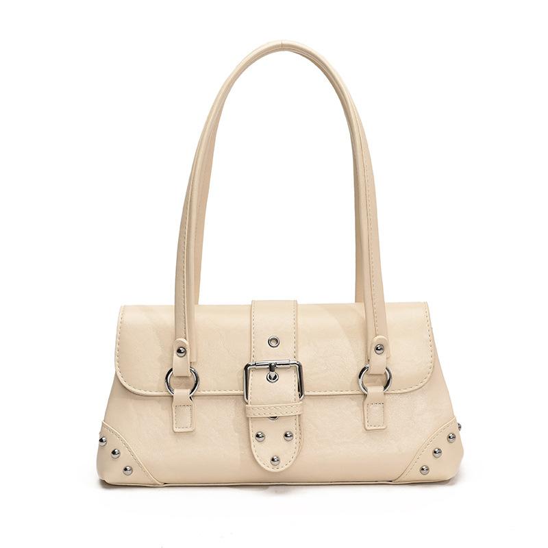 Shoulder Underarm Baguette Women's Bag Personalized Trend Women's Solid Color Fashionable Retro Locomotive Rivet Pin Buckle Decoration