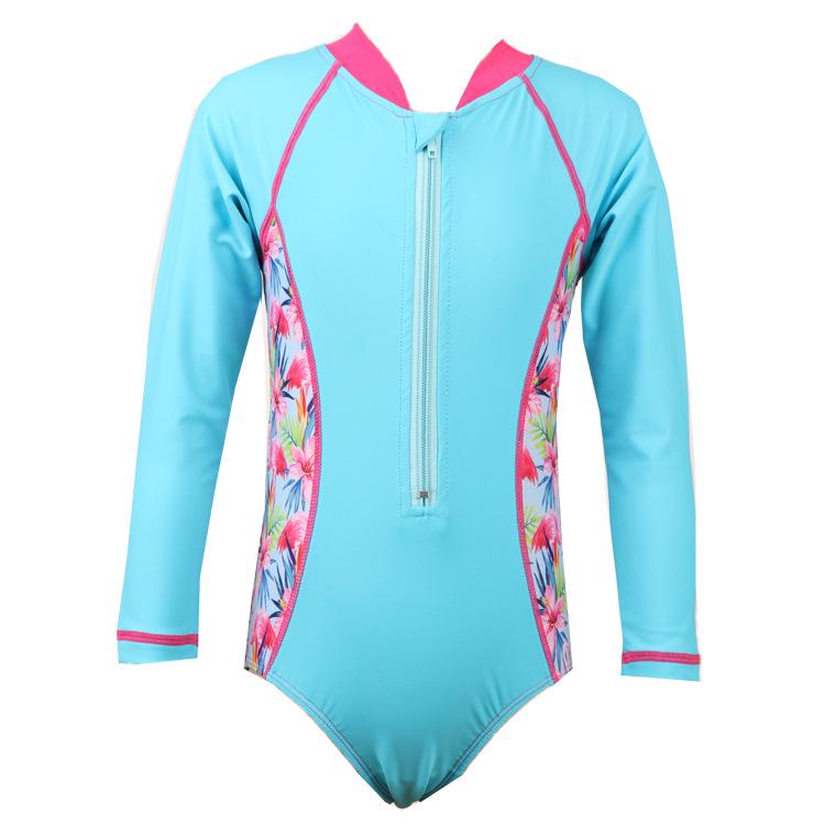 Girls  Long Sleeve Floral One-Piece Swimsuit - Blue, Sun-Protective Summer Swimwear 104/110cm (3-4 Years)
