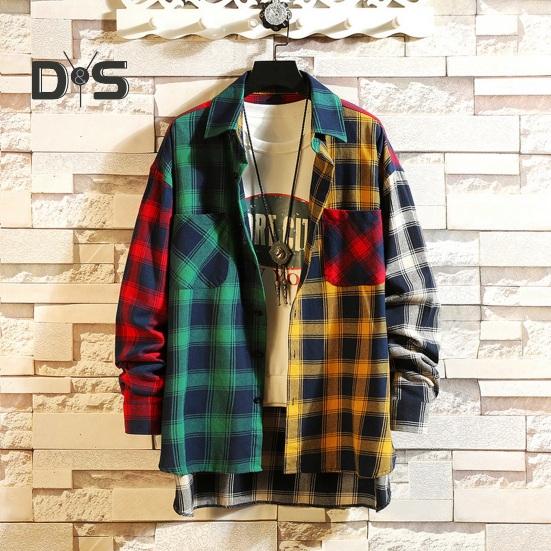 Men Spring Shirt Colorblock Plaid Print Single-breasted Loose Long Sleeve Lapel Buttons Streetwear Casual Cardigan Shirt Coat