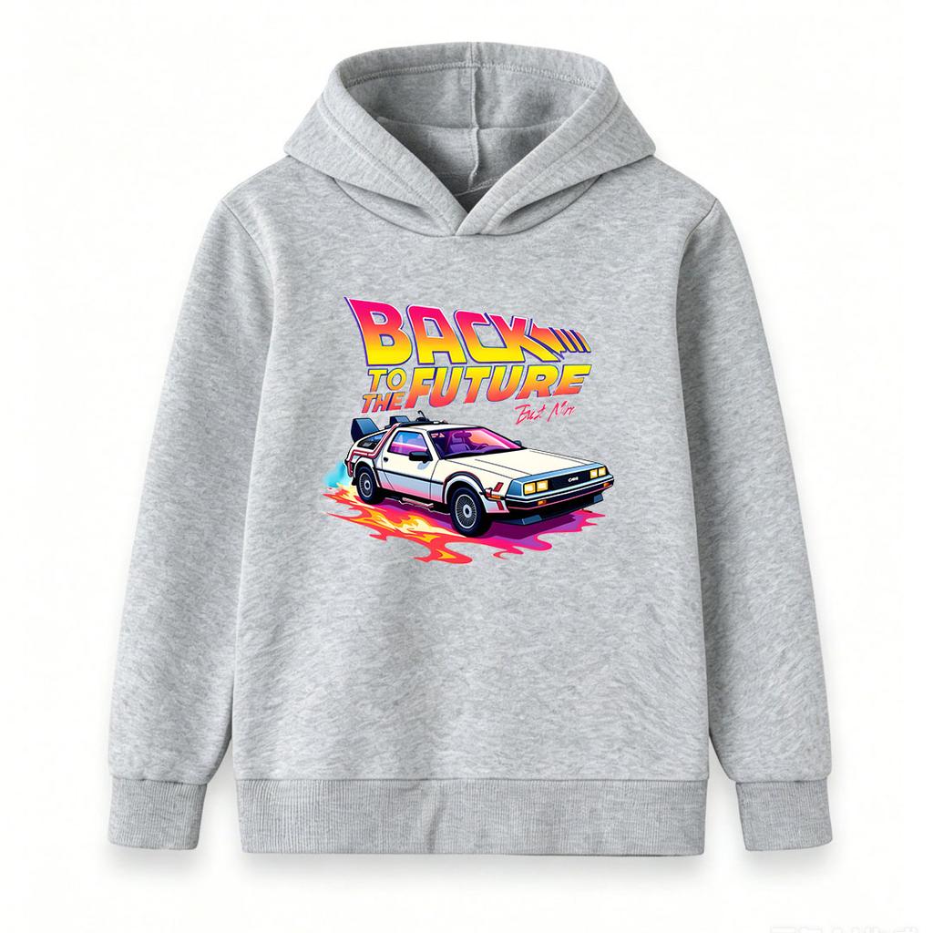 Kids Boys Girls Pullover Hoodie, Retro Classic Time Travel Car Graphic Casual Long Sleeve Hooded Sweatshirt, Comfortable Streetwear Top For Youth Dail