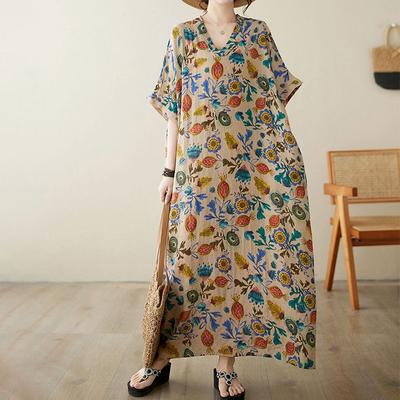 Oversized Dresses Summer Women Printing Loose Cotton Linen Long Dresses Large Hem Summer Women Long Dresses