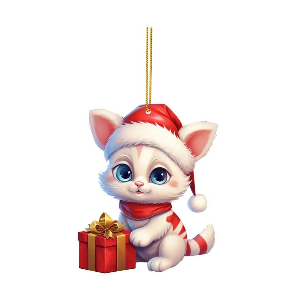 Whimsical Cartoon Style Christmas Cat Hanging Decoration For Cars In Colorful Acrylic Design