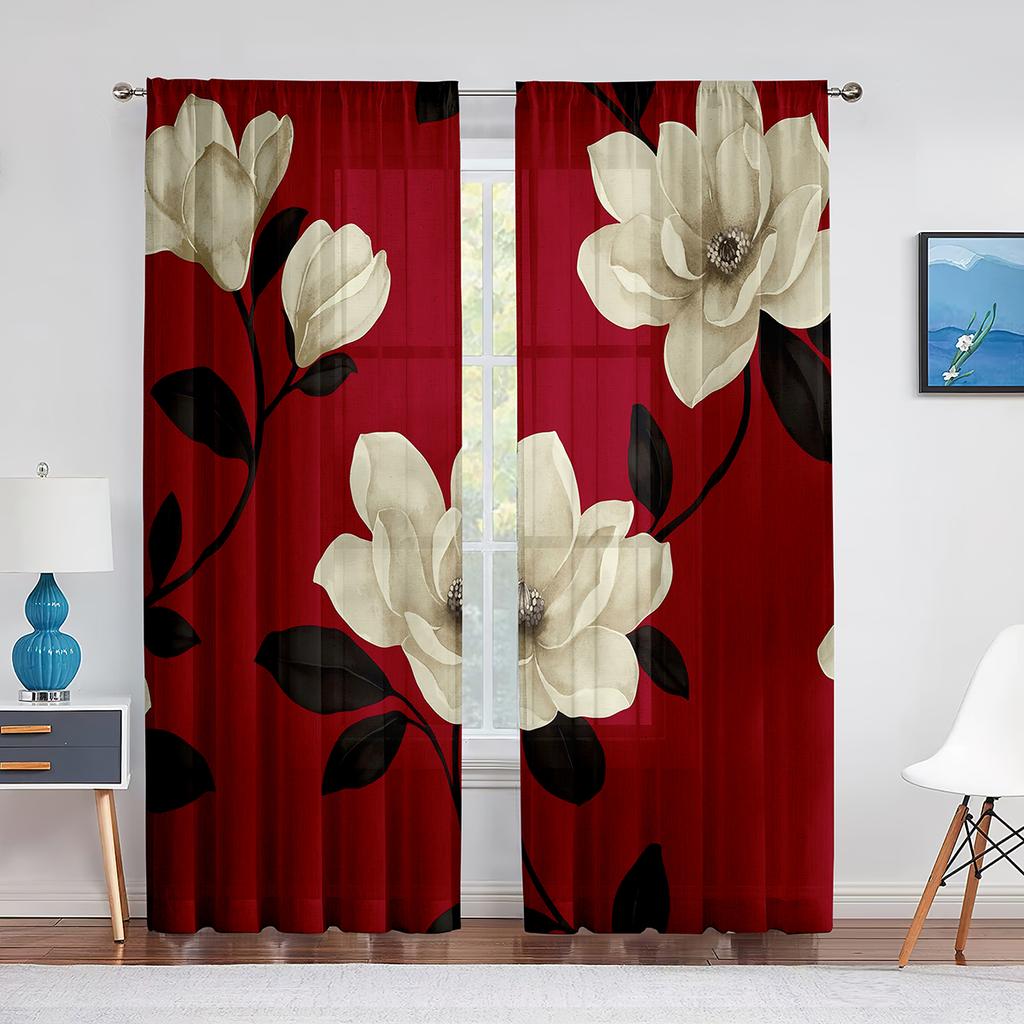 Weißer transparenter Vorhang mit Magnolienblumenmuster für Wohnzimmer, Küche, Fenster, Schlafzimmer, Dekoration, Blumen-Voile, zum Aufhängen, eleganter Tüllvorhang