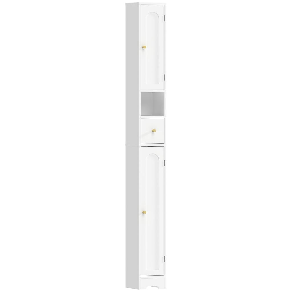 Bathroom Cabinet, Narrow Bathroom Cabinet with Drawer, Arched Doors, Open Shelf, Adjustable Shelf, 20x20x185 Cm, White