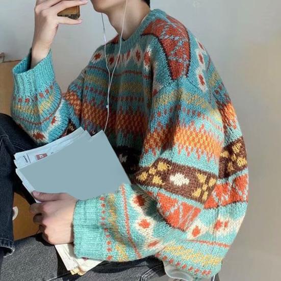 Men Autumn Sweater Geometric Print Colorful Long Sleeves Round Neck Loose Warm Thick O Neck Elastic Spring Sweater for Daily Wear