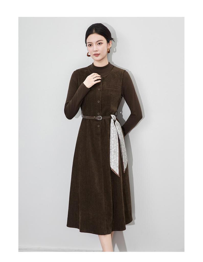 French Solid Color Inner Layer Base Shirt & Chenille Vest Dress Two-Piece Set