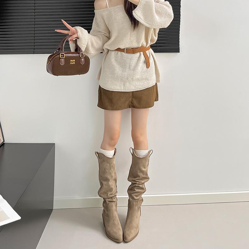 Cow Velvet~ Small Slim Stacking Boots Thick Heel High Tube Western Cowboy Boots Soft Sole High Heel V Port Long Boots Women