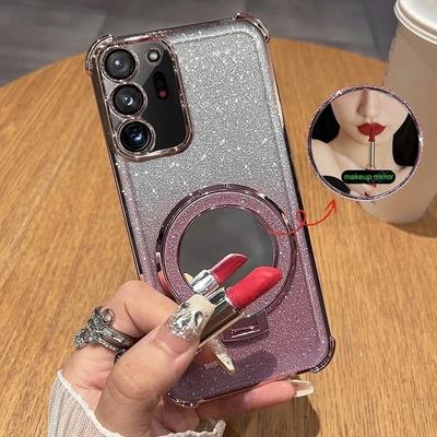 Priekš Samsung Galaxy Note 20 Ultra 5G 10 Plus + Četru stūru triecienizturīgs pārklājuma mīkstais vāciņš Note20 Note10 Kosmētikas spogulis Statīvs Vāciņš