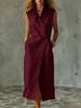 European and American solid color sleeveless dress women's summer lapel breasted breathable waist temperament dress