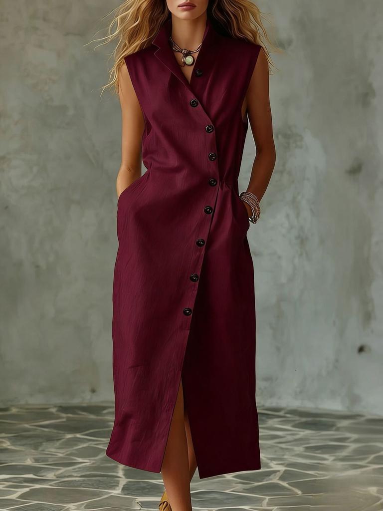 European and American solid color sleeveless dress women's summer lapel breasted breathable waist temperament dress